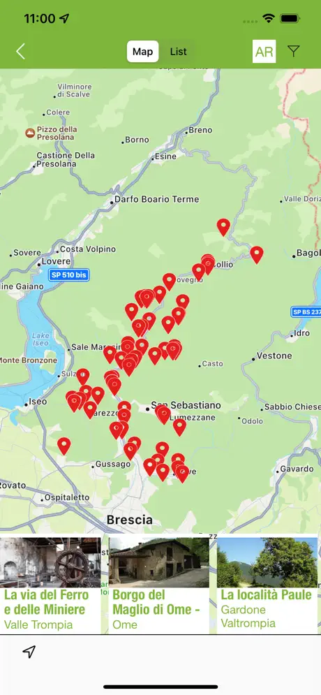 App Ecomuseo di Valle Trompia, mappa con i punti di interesse